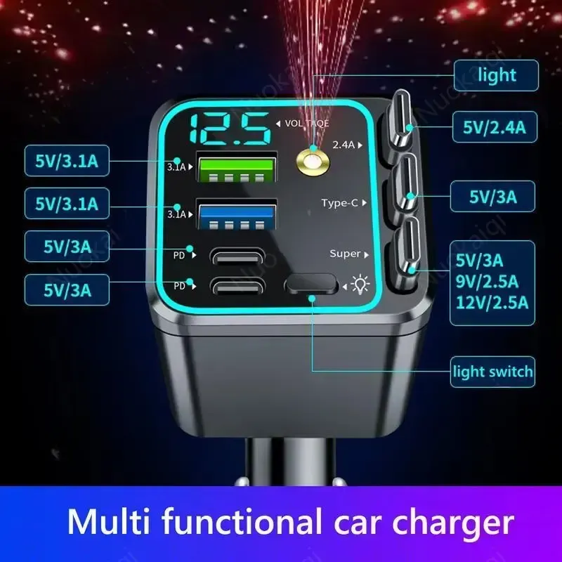 120W Max Super Fast Charging 7-in-1 Automatic Retractable Car Charger with Lightning Data Cable, 3-in-1 Auto-Retract Cables, USB Port, Digital Voltage Monitor, Smart Protection - Car Electronics Accessories for iPhone, Samsung Road Trips