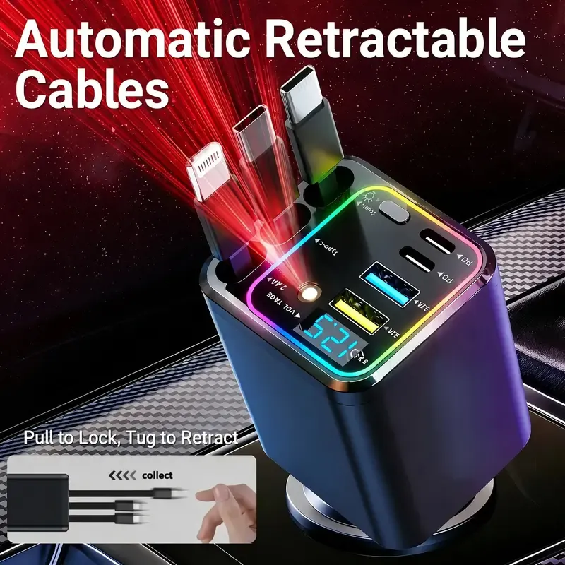 120W Max Super Fast Charging 7-in-1 Automatic Retractable Car Charger with Lightning Data Cable, 3-in-1 Auto-Retract Cables, USB Port, Digital Voltage Monitor, Smart Protection - Car Electronics Accessories for iPhone, Samsung Road Trips