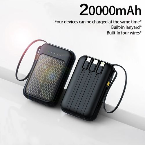 Banco de energia solar de alta capacidade de 20000 mAh, carregador externo, banco de energia, luz LED, novo carregador solar, cabos integrados, 2 portas USB