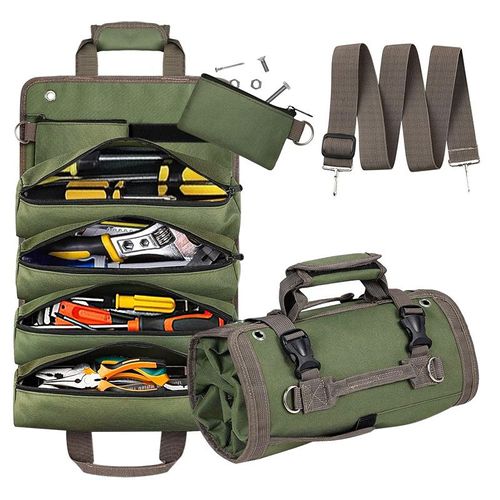 Portable Foldable Tool Storage Bag, Multi-grid Tool Organizer with Removable Zipper Bags