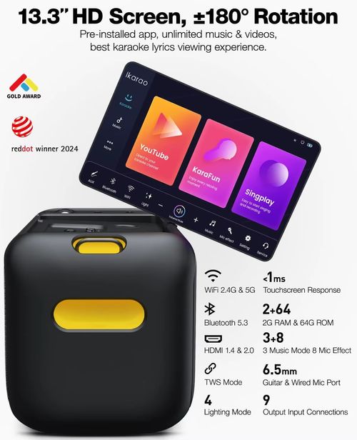 Máquina de karaoke para adultos com display de letras, tela de 13, 3 polegadas embutida, máquina de karaoke de uma peça real, com 2 microfones sem fio