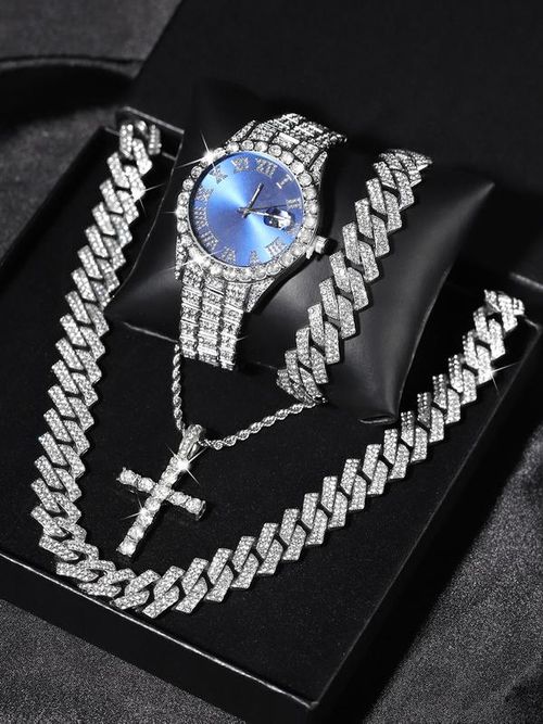 Conjunto de Relógios Masculinos com Decoração de Strass e Joias Estilo Punk