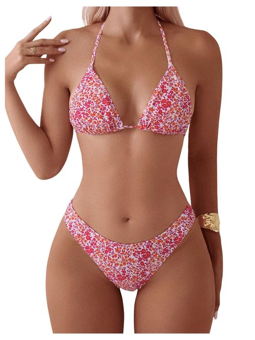 Biquíni Triangular Feminino, 2PCS Estampa Floral Conjunto de Biquíni, Halter Sexy Corte Alto Maiô