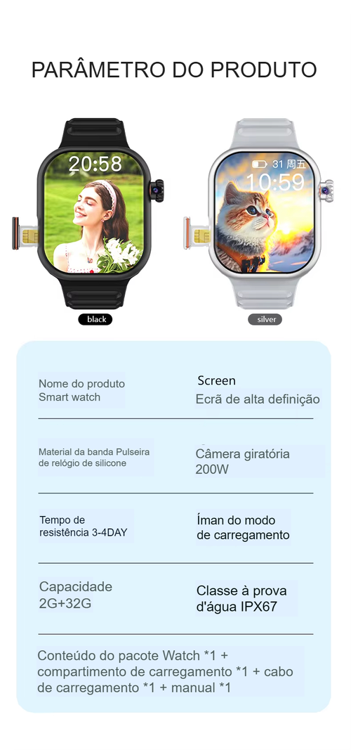 Novo relógio inteligente com câmara rotativa, pode ligar um cartão com chamada bluetooth, relógio desportivo masculino de fitness, rastreador de saúde, relógio inteligente