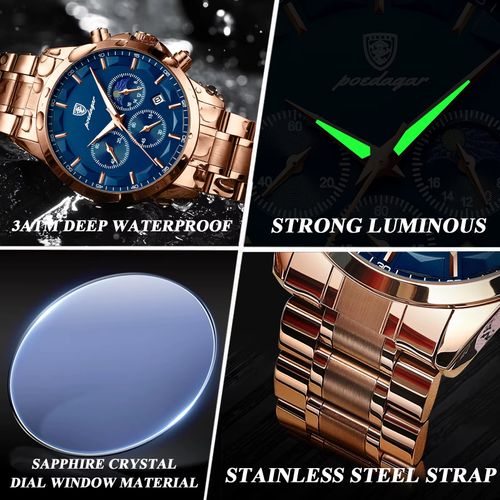 POEDAGAR Relógio de pulso de luxo para homem, militar, impermeável, cronógrafo luminoso, relógio de aço inoxidável para homem, relógios de quartzo para homem + caixa Reloj
