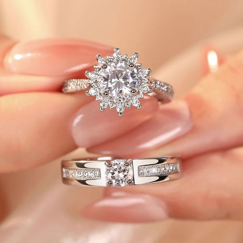 Fashionable Shiny Silver Diamond Ring for Lovers, Couples Engagement Wedding Ring with Exquisite Box