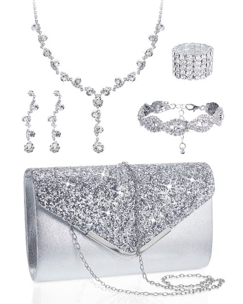 5 Pcs Rhinestone Jewelry Set, Bling Purse Clutch Necklace Earrings Set for Women
