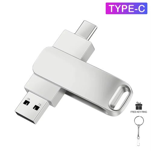 Pen drive USB de metal rotativo tipo C 2 em 1 de 128 GB, 64 GB e 32 GB, com chaveiro de filme grátis, para celular Android