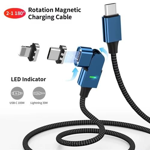 Cabo de carregamento magnético 2 em 1, 100 W, 2 m, carregamento rápido, rotação de 180°, para iPhone e dispositivos tipo C