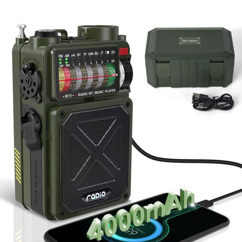 Rádio de emergência de 4000 mAh, rádio Bluetooth com manivela e energia solar, com lanterna e alarme SOS