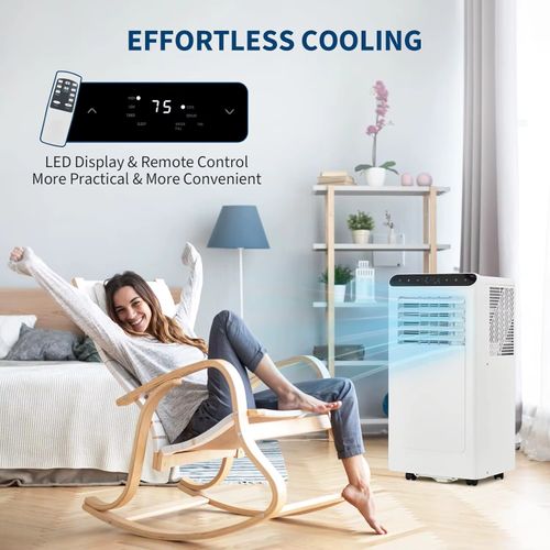 Condicionador de ar portátil, unidade de ar condicionado portátil 8000 BTU com ventilador e desumidificador, modo de sono inteligente, temporizador de 24 horas, balanço automático
