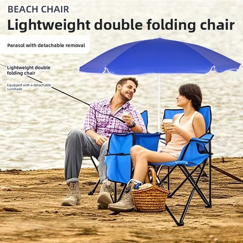 Cadeira de acampamento dobrável dupla w  guarda-chuva suporte de bebida carregando saco refrigerador Fold Up Table, grande capacidade de rolamento para pátio de praia