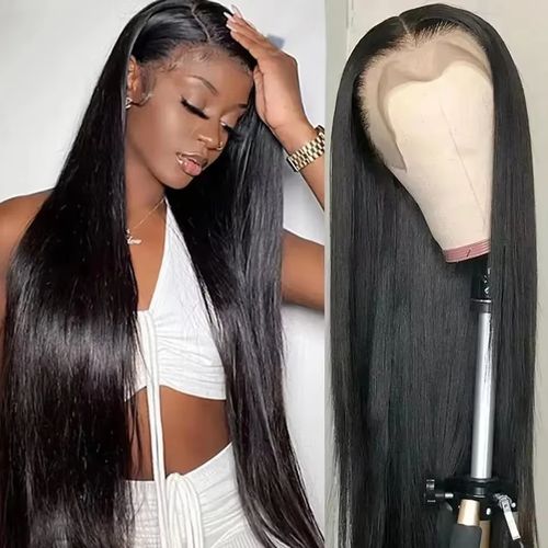 Cabelo macio longo em linha reta preto hd lace testa peruca para mulheres negras, peruca sem cola
