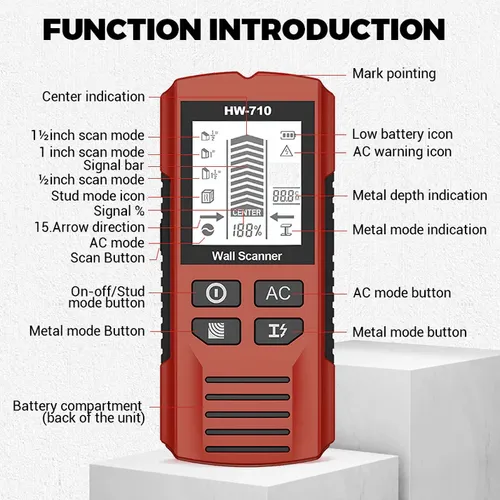 Multi-function handheld metal and wall detector 5 in 1 wall keel detector Metal Wooden keel AC voltage charged detection Wall scanner with automatic calibration Lightweight LCD screen Electric box detector