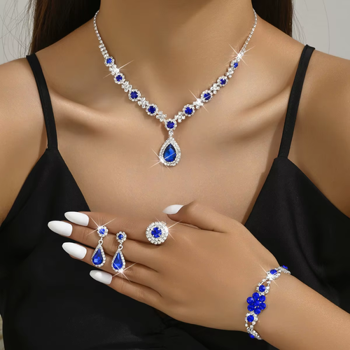 New Design Fashion Hot Sell Style High-end Crystal Water Droplets Necklace Earring Bracelet Ring Jewelry Set
