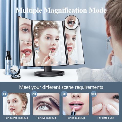 Tri-Fold LED Lighted Makeup Mirror With Magnifier