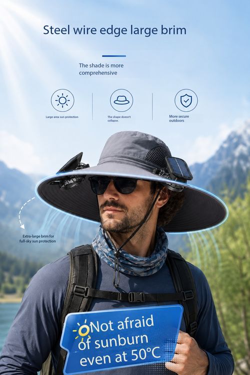 Solar Powered Fan Hat Wide Brim Sun Protection Cap for Outdoor Fishing Hiking
