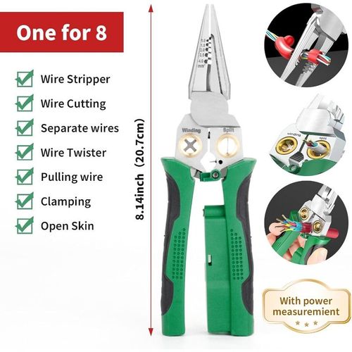 Heavy Duty 8 in 1 Multifunctional Wire Stripper  Manganese Steel Construction  Combines Stripping Cutting, and Twisting Functions  Built in Voltage Tester with Live Neutral Wire Identification   An Essential Tool for Electrical Repair
