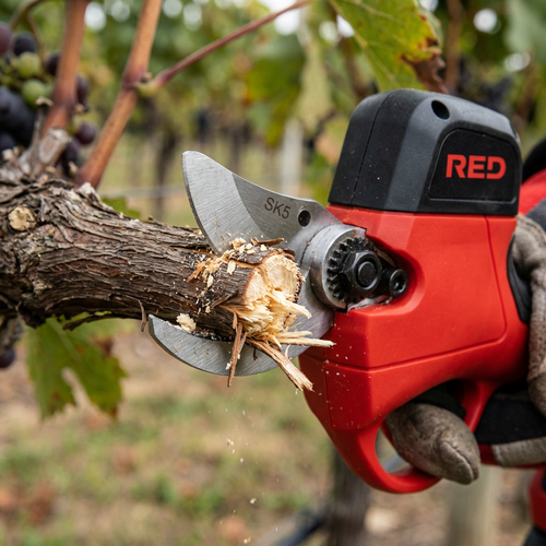 High-power brushless cordless electric pruning shears—a handheld garden pruner for orchard tree maintenance. 21V rechargeable electric pruner featuring a sharp SK5 blade, suitable for orchard and gardening tasks.