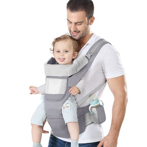 Convertible Baby Carrier with Storage & Hip Seat  Supports Horizontal, Front, and Back Carrying Positions  available in four colors.