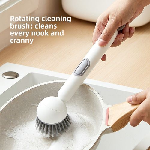 (Pack of 2) Multifunctional Rotating Cleaning Brush with Push-Button Soap Dispenser  Long Handle   Keeps Hands Clean  Safe for Cookware Ideal for Kitchen Dishwashing and Pot Scrubbing.