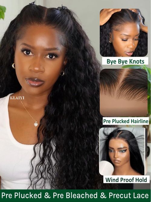 KLAIYI Bye Bye Slip™ Water Wave 7X5 Precut Lace Front Human Hair Wig Drawstring Glueless 3S Ready to Wear and Go Wig with Baby Hair Pre Plucked Bleached Bye Bye Knots Curly Wig 180%Density Full 24Inch