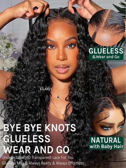 KLAIYI Bye Bye Slip™ Water Wave 7X5 Precut Lace Front Human Hair Wig Drawstring Glueless 3S Ready to Wear and Go Wig with Baby Hair Pre Plucked Bleached Bye Bye Knots Curly Wig 180%Density Full 24Inch