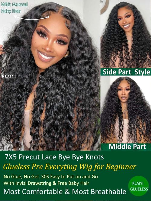 KLAIYI Bye Bye Slip™ Water Wave 7X5 Precut Lace Front Human Hair Wig Drawstring Glueless 3S Ready to Wear and Go Wig with Baby Hair Pre Plucked Bleached Bye Bye Knots Curly Wig 180%Density Full 24Inch