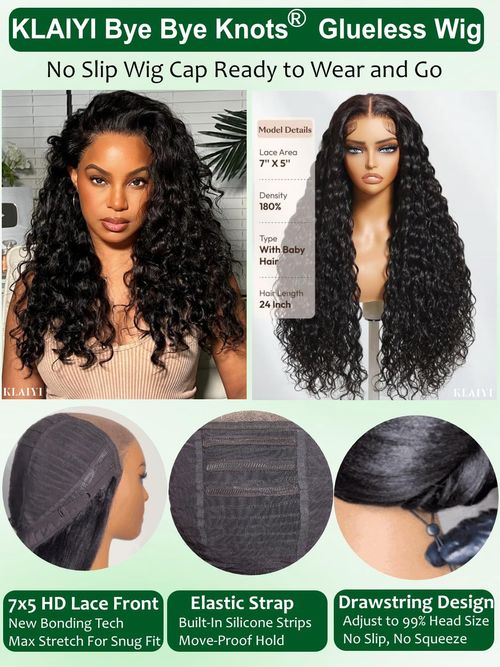 KLAIYI Bye Bye Slip™ Water Wave 7X5 Precut Lace Front Human Hair Wig Drawstring Glueless 3S Ready to Wear and Go Wig with Baby Hair Pre Plucked Bleached Bye Bye Knots Curly Wig 180%Density Full 24Inch