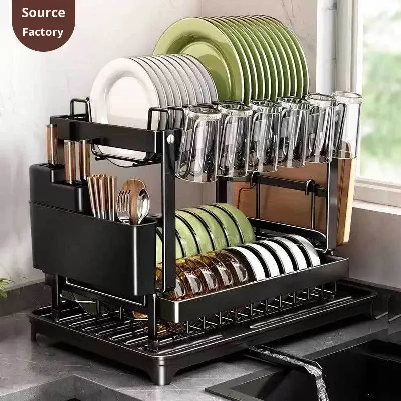 Multifunctional 2-Tier Metal Kitchen Organizer: Dish Drying Rack, Tabletop Storage, and Holder for Bowls, Plates, Cups, Cutting Boards, and Chopsticks.