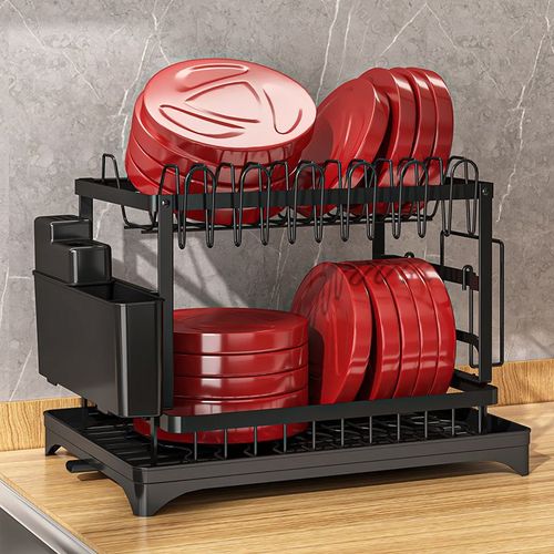 Multifunctional 2-Tier Metal Kitchen Organizer: Dish Drying Rack, Tabletop Storage, and Holder for Bowls, Plates, Cups, Cutting Boards, and Chopsticks.