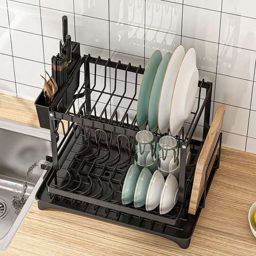 Multifunctional 2-Tier Metal Kitchen Organizer: Dish Drying Rack, Tabletop Storage, and Holder for Bowls, Plates, Cups, Cutting Boards, and Chopsticks.