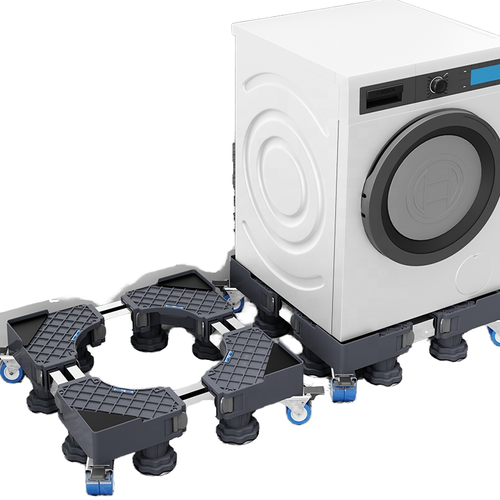Adjustable, mobile plastic stand for home appliances—a movable base equipped with supports and wheels.