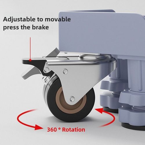Adjustable, mobile plastic stand for home appliances—a movable base equipped with supports and wheels.