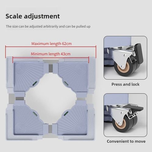 Adjustable, mobile plastic stand for home appliances—a movable base equipped with supports and wheels.