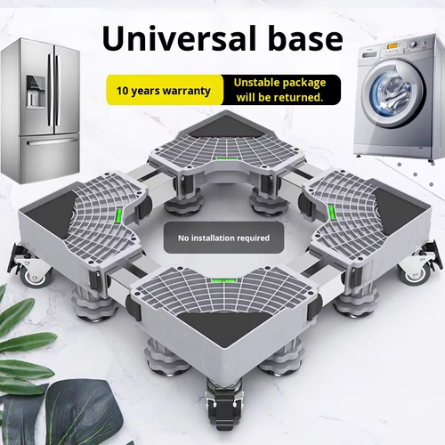 Adjustable, mobile plastic stand for home appliances—a movable base equipped with supports and wheels.