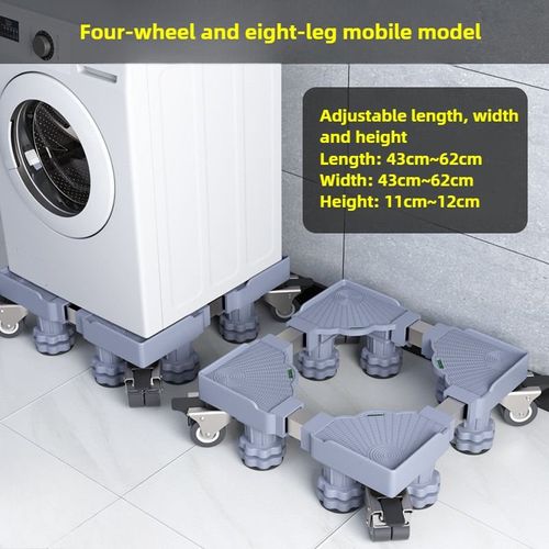 Adjustable, mobile plastic stand for home appliances—a movable base equipped with supports and wheels.