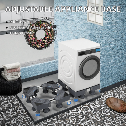 Adjustable, mobile plastic stand for home appliances—a movable base equipped with supports and wheels.