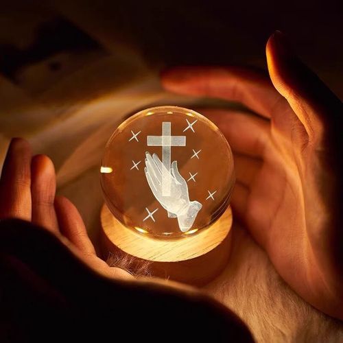 Christian 3D Crystal Ball Night Light Laser Engraved Cross Praying Hands Wooden Lamp Faith Decor Gift for Kenya