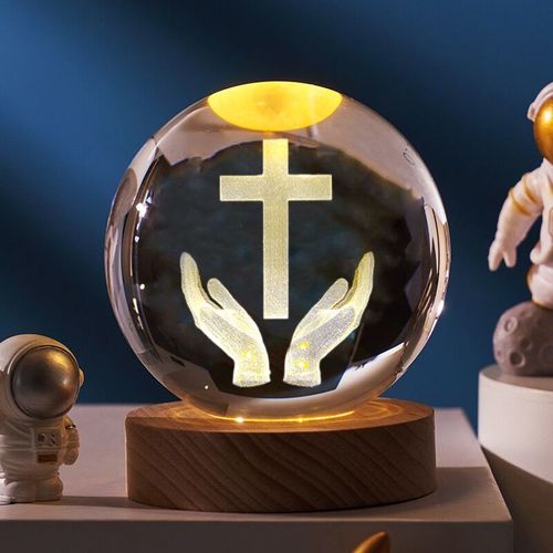 Christian 3D Crystal Ball Night Light Laser Engraved Cross Praying Hands Wooden Lamp Faith Decor Gift for Kenya