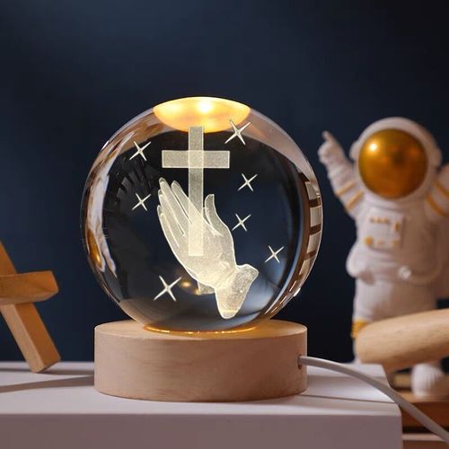 Christian 3D Crystal Ball Night Light Laser Engraved Cross Praying Hands Wooden Lamp Faith Decor Gift for Kenya