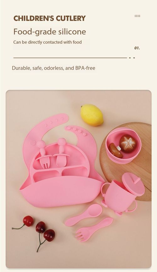 Food Grade Silicone Baby Feeding Set Anti-Suction Plate Bib Cup Spoon Fork Kit