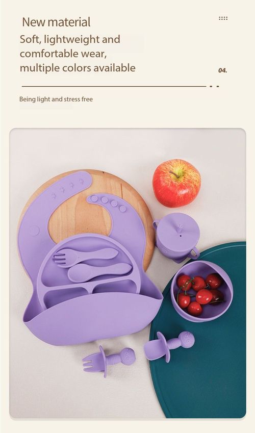 Food Grade Silicone Baby Feeding Set Anti-Suction Plate Bib Cup Spoon Fork Kit