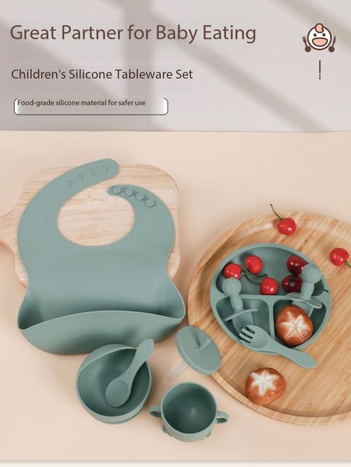 Food Grade Silicone Baby Feeding Set Anti-Suction Plate Bib Cup Spoon Fork Kit