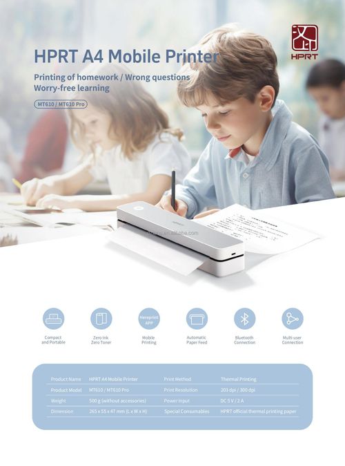 Wireless Bluetooth Portable Thermal Printer No Ink Document Photo Printer for A4 Paper Home Office School Students