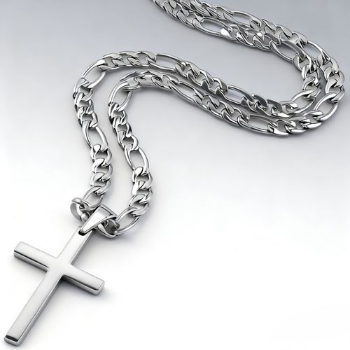 Silver Figaro Chain Cross Pendant Necklace