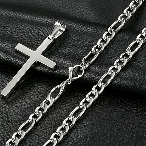 Silver Figaro Chain Cross Pendant Necklace