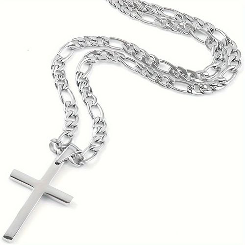 Silver Figaro Chain Cross Pendant Necklace