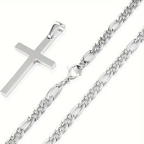 Silver Figaro Chain Cross Pendant Necklace