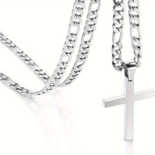 Silver Figaro Chain Cross Pendant Necklace
